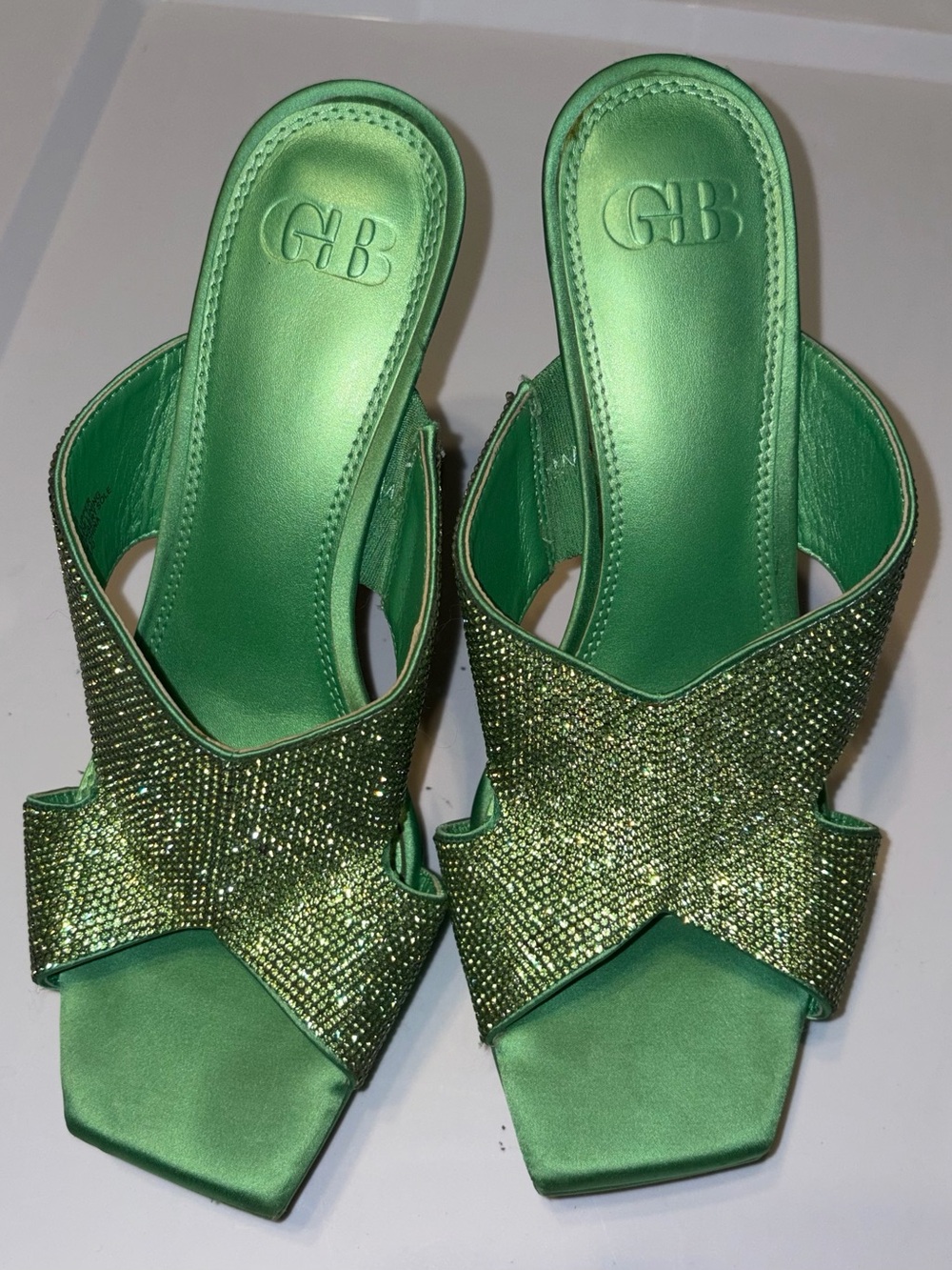 Gianni Bini Metallic Green Crystal Crossband Heels